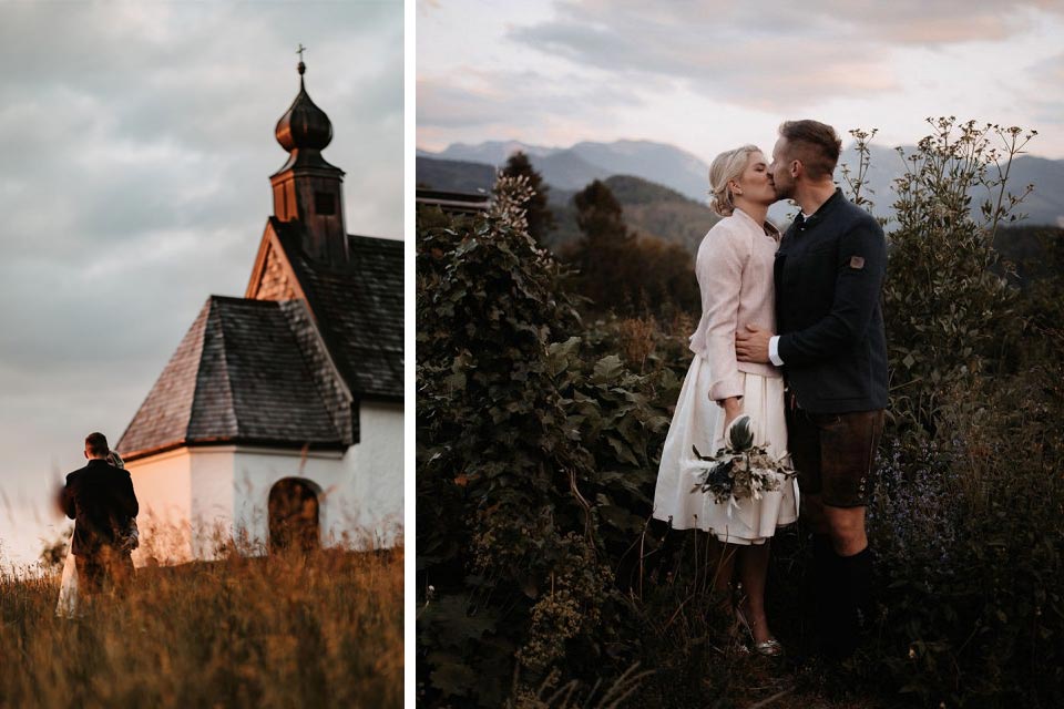 Frisch vermähltes Paar in der Wiese vor der Stadlbergalmkapelle